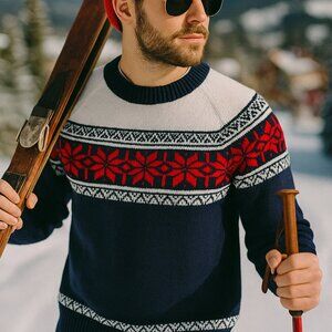 Vintage Sigallo Nordic-style Fair Isle knit Ski Sweater Black Red M